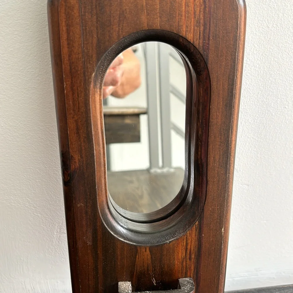 Vintage wood wall sconce with mirror, small nook to hold things, 15x5 inches